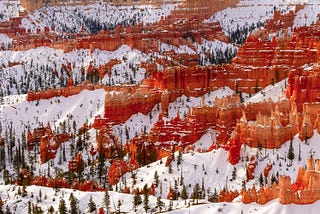 Overlook of the hoodoos in Bryce Canyon National Park after a snowfall.
