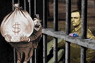 A proletarian-looking figure glowering from between rusty bars. In front of the bars is a capitalist-type guy in a top hat holding a huge money-sack emblazoned with a dollar-sign. He’s shouting over his shoulder at the imprisoned prole. A whistle sits on the ledge of the cell bars.