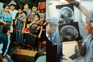 Left: A man at a gravesite with possible families of the deceased. Right: a man shows another man an X-ray.