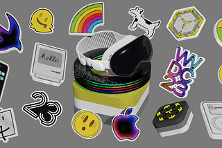 Banner image showing apple vision pro headset and several WWDC23 stickers as 3d objects