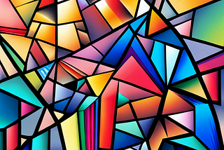 Abstract digital art featuring a vibrant mosaic of interlocking shapes with a stained glass effect, showcasing a spectrum of colors including blues, reds, yellows, and oranges.