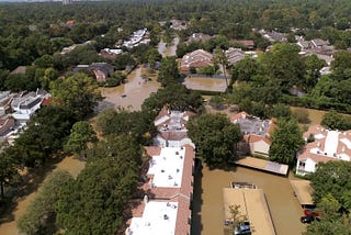 Flooded residential neighborhood in Houston after Hurricane Harvey.