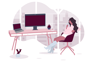 An illustration of a woman sitting by her computer desk.