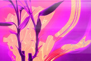 A purple, pink, and orange digital collage of a plant with paint swirls behind it, evoking energy.