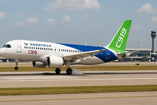 ChatGPT generated panoramic image of the COMAC C919 aircraft landing at an airport