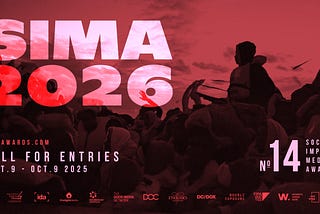 Promotional poster for the SIMA 2026 Social Impact Media Awards. Large bold text reads “SIMA 2026” over a red-toned background image of silhouetted people gathered together, some raising their hands. At the bottom, text reads: “SIMAawards.com — Call for Entries, Sept. 9 — Oct. 9, 2025.” Additional partner logos are displayed along the bottom edge.