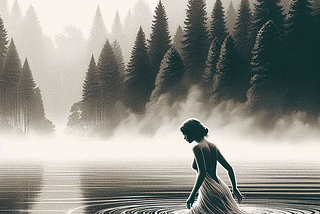 AI image of a woman walking in water wearing a white dress- there is fog all around
