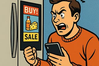 IMAGE: A comic-style illustration of a man angrily confronting his smart fridge as it displays bright ads for food, humorously capturing frustration with intrusive technology