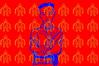Illustration of a man in a straitjacket with an overlaying pattern of robots covering the whole image.