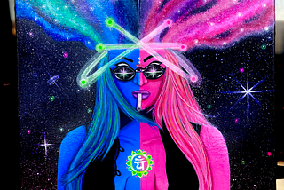 A vibrant painting titled “Transcendence”, featuring a central figure split into blue and pink halves, with elements like an unlit joint, sunglasses reflecting a supernova, the heart chakra symbol, and a celestial background with stars, nebulae, a halo, and a crescent moon.