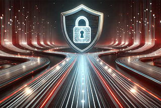 A futuristic digital road made of glowing data streams leading to a metallic shield with a glowing lock at its center, symbolizing cybersecurity and controlled access. The background features a dark, high-tech gradient with red and silver tones.