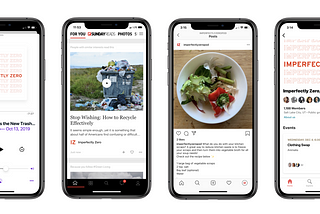 Four iPhones with screens showing Imperfectly Zero content on four platforms- podcast, news aggregator, instagram, and Meetup