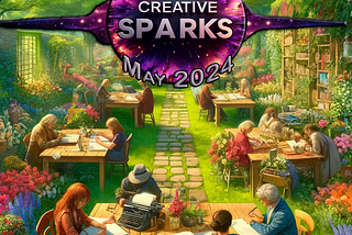 A park with writers in a sunny May day, Creative sparks logo.