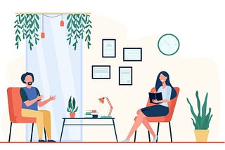 Man talking to therapist in her office. patient sitting in armchair and speaking