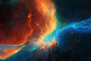 Duas nebulosas colidem no espaço sideral. Sob um céu escuro cheio de estrelas, uma onda de gás laranja, como o sol, e outra azul, como o céu sem nuvens, se misturam.