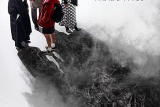 tvN show poster for “The Cursed.” There 4 characters on screen casting a smokey shadow filled with bones. It appears as though all 4 are in a group but on close inspection, you can see their feet position. The 2 on what seems to be a good side are facing each other. 1 villain is pointing at both the second villain and the shaman. The second villain is pointing at no one.