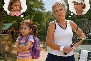 AI-generated photo of an the author, holding a tennis racquet, and her 5-year-old granddaughter. Both have thought bubbles with angry faces. A shine says “CAMP SUNSHINE.” The are next to a tennis court.