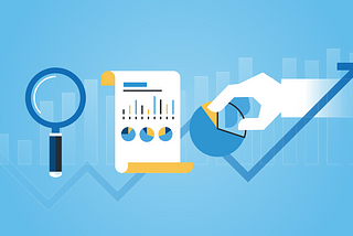 An illustration showing a magnifying glass, a business report and an upward trend graph