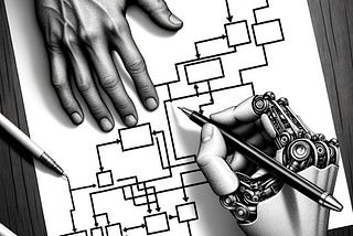 A human hand and a robotic hand create a flowchart together on a piece of paper.