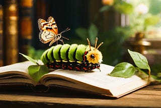 A catterpillar on top of a book with a butterfly on her back!