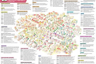 A birds eye view illustration of a city with bills labeled as the buildings. Article text has details of the bills.