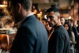 Cinematic close-up profile shot of an athletic Middle Eastern man in a black t-shirt, turning ninety degrees in a dimly lit, warm-toned cafe queue to lock a cold, freezing glare at a blurred man in a corporate suit standing too close behind him.