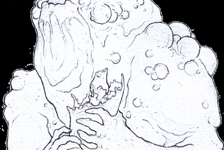A grotesque, somewhat humanoid figure covered in boils, eating a severed arm.