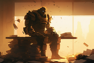 a futuristic overworked and burned-out Goliath sitting at a desk, filled with stacks of paper in a room basked by Golden Hour light in the style of Matrix, — ar 16:9, by MidJourney