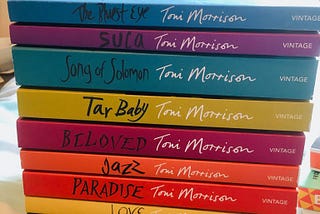 A stack of Toni Morrison’s novels in chronological order.