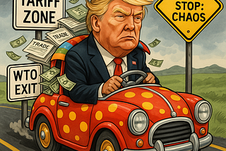 image of Trump driving a literal clown car, stuffed with trade documents, dollar bills flying out the windows, and road signs labeled “Tariff Zone,” “WTO Exit,” and “Next Stop: Chaos.”