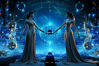 Two female artificial intelligence hold a blue orb and a balanced left right image of deep cobalt blue