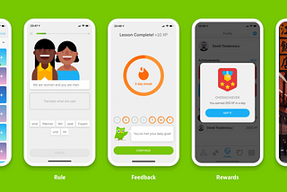 Duolingo app screenshots showing gamification badges and stickers