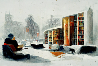 A library and a student in a snowy area