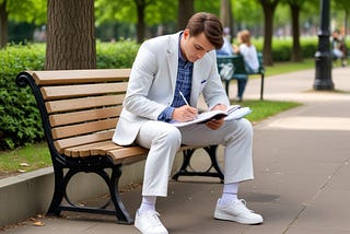 A man in a white linen suit , blue checked shirt and trainers writing in a notebook on a park bench. He has short hair