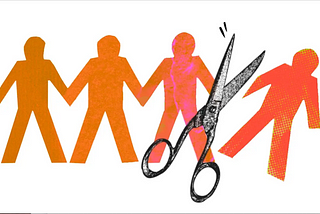 Image representing four orange human silouhettes on white background. The fourth silhouette is cut off from the first three by a big pair of grey metal scissors, and appears to be falling to the side.