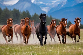 A herd of wild horses running in a field with mountains in the background.