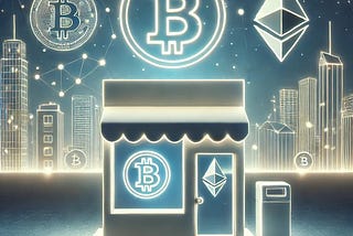 This picture shows how businesses use Cryptocurrency. It features a simple, modern shop front with symbols of digital currency. In the background, there’s a view of a global cityscape.
