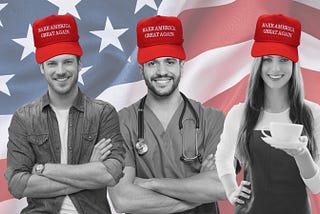 A man in a denim shirt, a man in nurse’s scrubs, and a woman holding a coffee. All in “Make America Great Again” hats.
