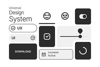 Monochromatic UI design elements with icons, buttons, and toggles showing some components regularly used in Product Design systems