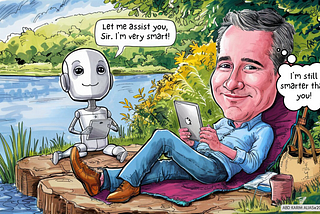 A humorous caricature-style illustration showing a man relaxing by a scenic lake under the trees while using a tablet. Beside him, a friendly robot also holding a tablet cheerfully says, “Let me assist you, Sir. I’m very smart!” The man smirks and thinks to himself, “I’m still smarter than you!” Both characters are surrounded by nature, with bright greenery, water, and a peaceful setting, contrasting with the subtle tension of the dialogue.