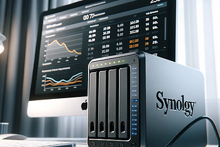 Photo of a Synology DS723+ NAS device placed on a modern desk, with cables connected to it and a monitor displaying storage statistics in the background. The device is sleek and modern, with LED indicators glowing.