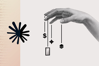 Conceptual illustration on a light background: a black-and-white human hand acts like a puppeteer, holding strings attached to symbols. Next to each other appear the Claude logo; a sparkle icon represents AI, a dollar sign represents investment, stacked layers represent prototypes, and a small mirror suggests vanity. On the left, a blurred panel of code sits behind an abstract starburst shape.