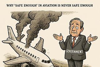 A political cartoon shows a crashed airplane with smoke pouring out of it. Next to the wreckage, a man in a business suit labeled “GOVERNMENT” shrugs indifferently, palms up, as if nothing can be done. Above him, bold text reads: “STOP SHRUGGING OFF AIRPLANE CRASHES — Why ‘Safe Enough’ in Aviation Is Never Safe Enough.” The image satirizes government complacency about aviation safety.
