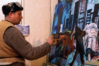 Hans Heiner Buhr painting Pack Horses New York City in his studio in Old Tbilisi in 2012.