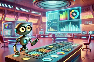 A 3d cartoon of futuristic control room featuring a small robot with large, expressive eyes standing at a console, interacting with various data panels.