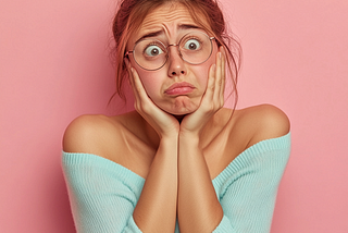 article key visual with a young woman with glasses, looking nerdy, showing a strong emotional pain, demonstrating a recent pain, feeling painful. Key colors “e11a72. Studio shot, hyper-realistic, photo realistic, canon D118 shot,, flat pale pink background,