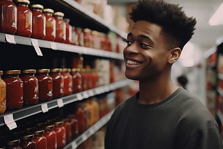 A young, smiling, dark young man, looking at all the different pasta sause jars in the isle of a supermarket.