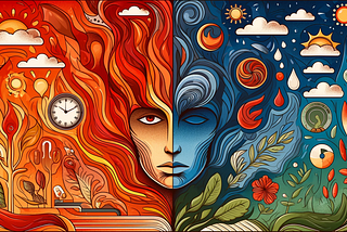 This abstract illustration contrasts burnout and rejuvenation. The left side, in fiery reds and oranges, features tired eyes, fragmented clocks, and flames symbolizing stress and exhaustion. The right side, in calming blues and greens, showcases serene faces and lush nature scenes, representing peace and renewal. The center blends these elements, depicting the transition from burnout’s chaos to rejuvenation’s tranquility, highlighting the journey from intense fatigue to serene relief.