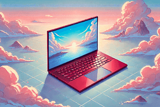 A laptop sitting on a grid surrounded by clouds.