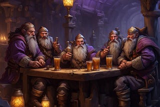 Generated image of dark fantasy dwarves drinking in a tavern.